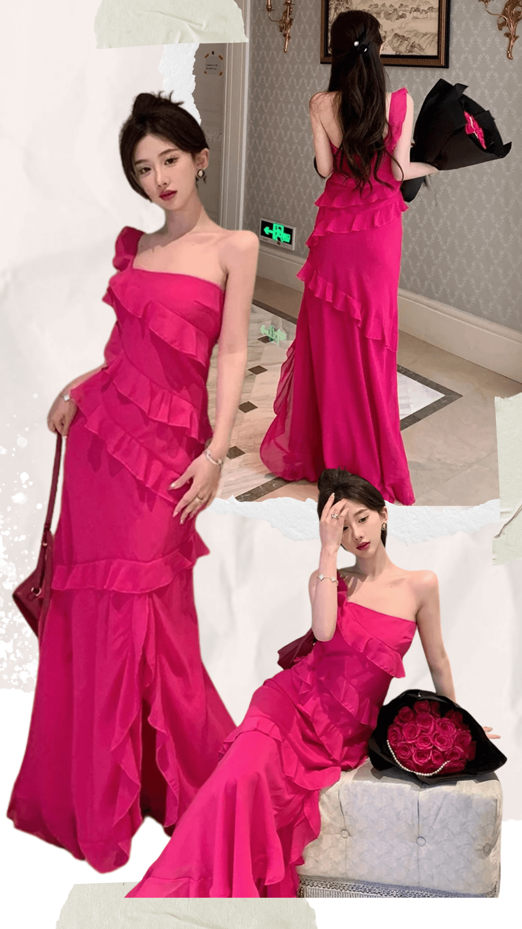 sexy asymmetric design strapless high waist slit dress showing pink magenta ruffled dress