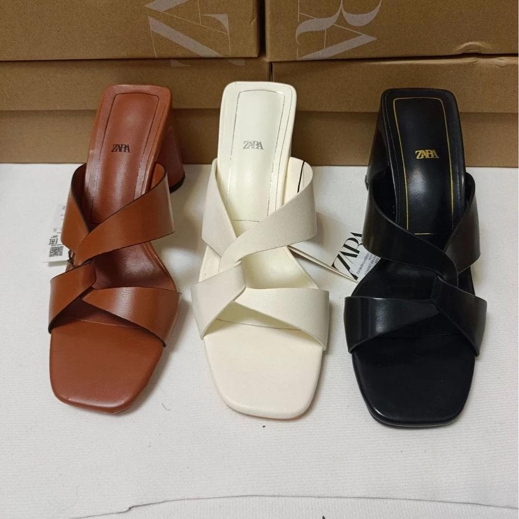 Zara White, Black, Brown Square Head Outerwear Cowhide leather sandals heels