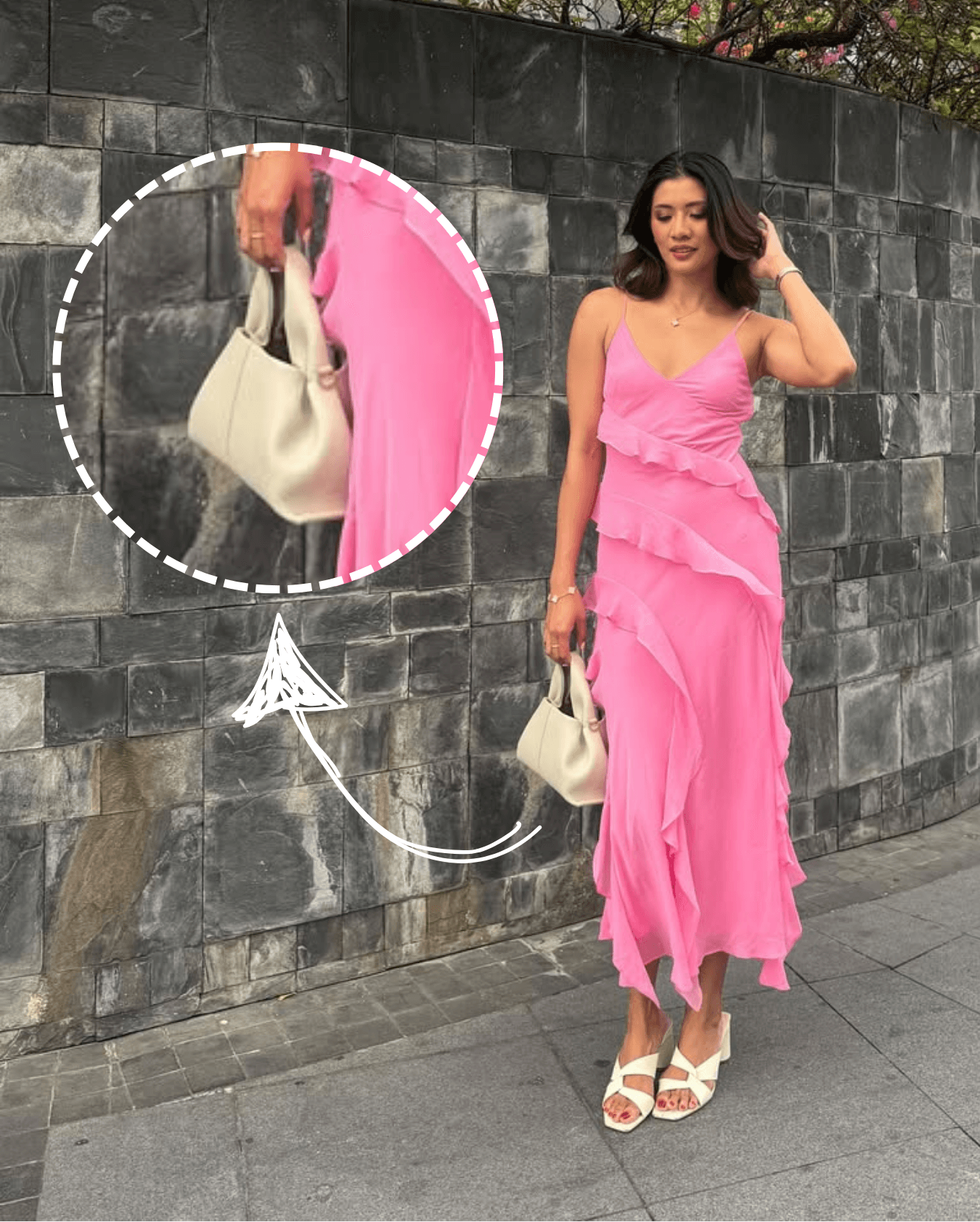 Filipino volleyball player Kim Kianna Dy wearing a stylish pink ruffle dress with white crisscross sandals, holding a chic cream handbag, highlighted in a close-up detail against a modern gray stone wall backdrop with blooming pink bougainvillea.