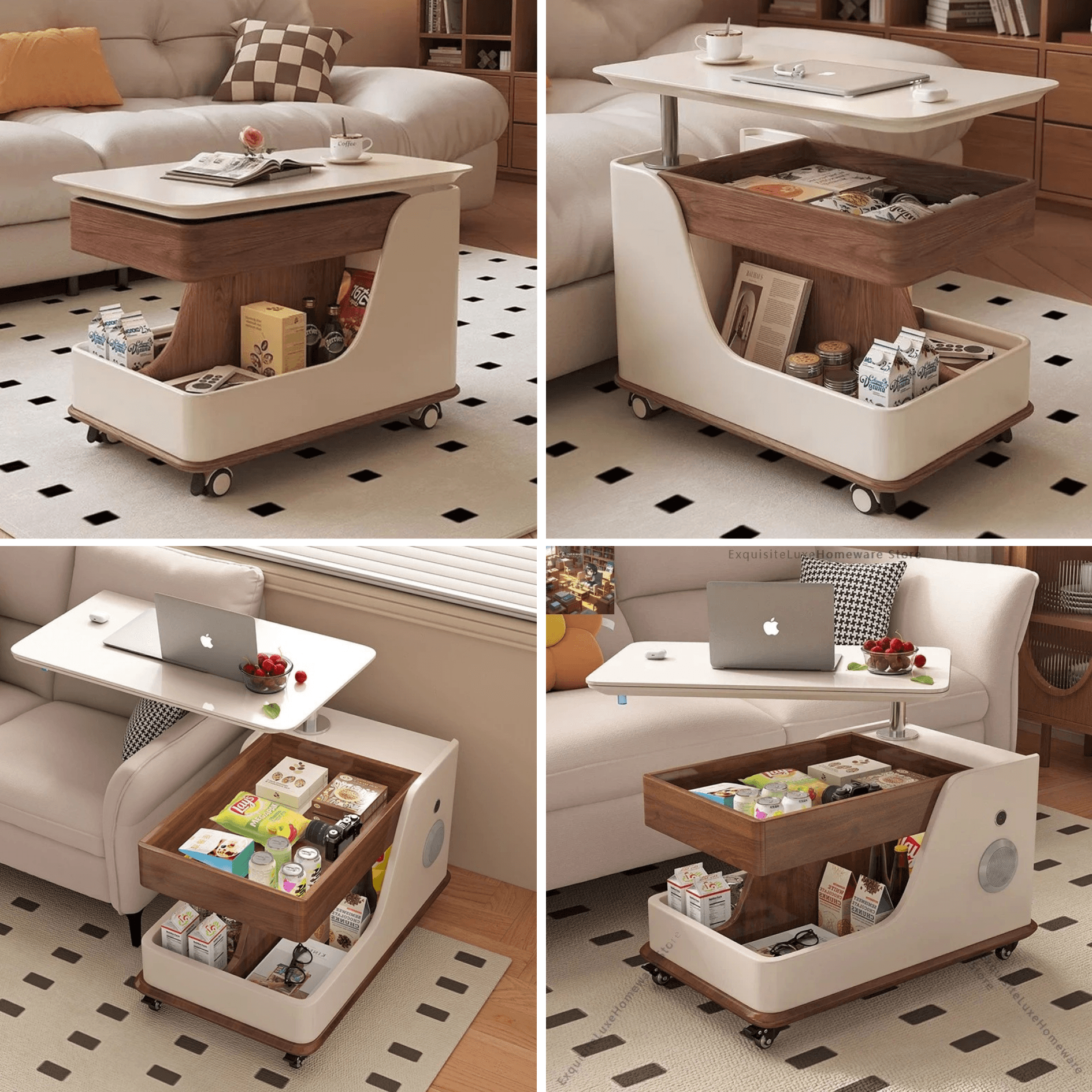 Multifunctional removable coffee table, sofa side table lift rotating small table cart, living room household small apartment room