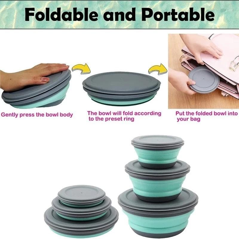 3Pcs/Sets Silicone Folding Bento Box Portable Picnic Bowl Set Collapsible Lunch Container Box Kitchen Tableware Kit